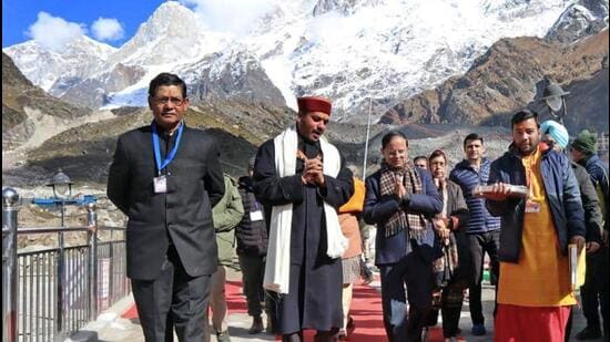 PK Mishra, principal secretary to Prime Minister at Kedarnath Dham in Rudraprayag on Saturday. (ANI)