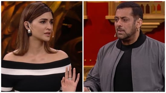 Kriti Sanon and Salman Khan in stills from Bigg Boss 17 promo.