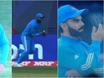 Rohit Sharma (L) and Virat Kohli (R) react as Jasprit Bumrah drops Daryl Mitchell Rohit Sharma (L) and Virat Kohli (R) react as Jasprit Bumrah drops Daryl Mitchell