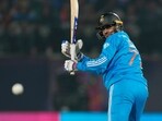 India's Shubman Gill plays a shot during the ICC Men's Cricket World Cup match between India and New Zealand in Dharamshala