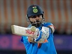India's Virat Kohli plays a shot during the World Cup match between India and New Zealand in Dharamshala