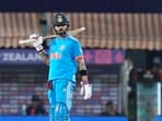 India's Virat Kohli during the ICC Men's World Cup ODI cricket match between India and New Zealand, at HPCA Stadium
