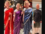 The image shows the Norwegian Ambassador to India May-Elin Stener wearing saree. The image shows the Norwegian Ambassador to India May-Elin Stener wearing saree.
