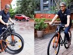 Anand Mahindra taking the bike created by IIT-B students for a spin. 