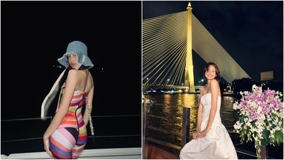 These clicks show Lisa in a jumpsuit and a breezy cotton dress. While the jumpsuit features a strapless silhouette, a colourful striped pattern, a figure-hugging fit, and an embellished zip closure on the back, the dress has a strapless design, tiered detail and a fitted bust. She wore the first outfit with a denim bucket hat from Loewe and the dress with a choker, a ring, and minimal glam. (Instagram) These clicks show Lisa in a jumpsuit and a breezy cotton dress. While the jumpsuit features a strapless silhouette, a colourful striped pattern, a figure-hugging fit, and an embellished zip closure on the back, the dress has a strapless design, tiered detail and a fitted bust. She wore the first outfit with a denim bucket hat from Loewe and the dress with a choker, a ring, and minimal glam. (Instagram)
