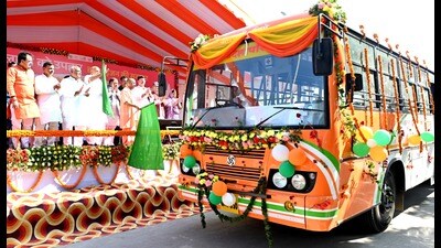 CM flagging off buses in Ayodhya under Mission Shakti. (HT Photo) CM flagging off buses in Ayodhya under Mission Shakti. (HT Photo)