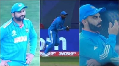 Rohit Sharma (L) and Virat Kohli (R) react as Jasprit Bumrah drops Daryl Mitchell (Hotstar)