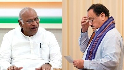 Congress president Mallikarjun Kharge (L). BJP president JP Nadda (R). Congress president Mallikarjun Kharge (L). BJP president JP Nadda (R).