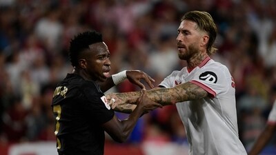 Sevilla's Spanish defender #04 Sergio Ramos (R) pushes Real Madrid's Brazilian forward #07 Vinicius Junior (AFP) Sevilla's Spanish defender #04 Sergio Ramos (R) pushes Real Madrid's Brazilian forward #07 Vinicius Junior (AFP)