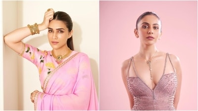 Kriti Sanon in an embroidered saree and Rakul Preet Singh in a gorgeous gown for a photoshoot. (Instagram) Kriti Sanon in an embroidered saree and Rakul Preet Singh in a gorgeous gown for a photoshoot. (Instagram)