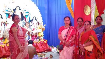 Members of all-women Durga Puja committee during the Saptami Puja on Saturday. Members of all-women Durga Puja committee during the Saptami Puja on Saturday.