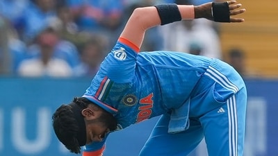 Hardik Pandya reacts after he suffered an injury during the ICC Men's Cricket World Cup 2023 match between India and Bangladesh (PTI) Hardik Pandya reacts after he suffered an injury during the ICC Men's Cricket World Cup 2023 match between India and Bangladesh (PTI)