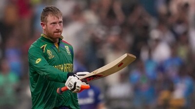 Heinrich Klaasen celebrates his century during the ICC Men�s Cricket World Cup 2023 match between England and South Africa, at Wankhede Stadium (PTI) Heinrich Klaasen celebrates his century during the ICC Men�s Cricket World Cup 2023 match between England and South Africa, at Wankhede Stadium (PTI)
