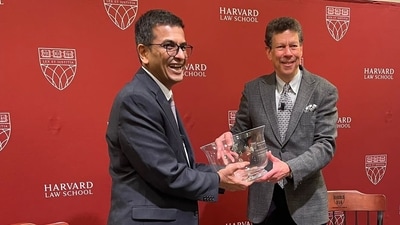 Chief Justice of India DY Chandrachud being felicitated with the Award for Global Leadership, at Harvard Law School. (PTI) Chief Justice of India DY Chandrachud being felicitated with the Award for Global Leadership, at Harvard Law School. (PTI)