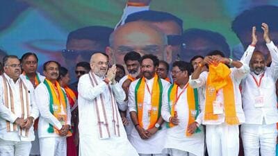 Union home minister Amit Shah along with other BJP leaders in Telangana on October 10 (ANI)