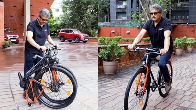 Anand Mahindra taking the bike created by IIT-B students for a spin. (X/@anandmahindra) Anand Mahindra taking the bike created by IIT-B students for a spin. (X/@anandmahindra)