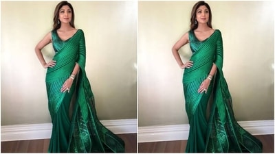 Shilpa Shetty, known for her exquisite sense of style, looks stunning in this Amit Aggarwal moulded metallic tape saree featuring delicate hand embellishments and textured panels in the designer's signature polymer detailing. It's an edgy yet stylish look that you can definitely get inspired by when dressing for Navratri. Just like Shilpa, accessorise your stunning saree look with some trendy diamond jewellery. With loose hair and chic make-up, you will be ready to turn heads. (Instagram)