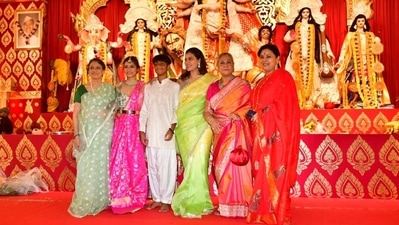 It was coming together of three generations at North Bombay Durga Puja on Sunday as Jaya Bachchan met Kajol, her sister Tanishaa Mukerji, her son Yug Devgn and mother Tanuja. All of them are actors in the Indian film industry. Sharbani Mukherjee is also seen in the pictures, she is also a former actor. It was coming together of three generations at North Bombay Durga Puja on Sunday as Jaya Bachchan met Kajol, her sister Tanishaa Mukerji, her son Yug Devgn and mother Tanuja. All of them are actors in the Indian film industry. Sharbani Mukherjee is also seen in the pictures, she is also a former actor. 