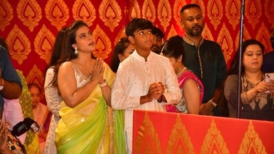 Kajol and son Yug spotted praying to Godess Durga at the North Bombay Durga Puja. She makes sure to attend the annual celebrations every year with her mother Tanuja and sister Tanishaa. Kajol and son Yug spotted praying to Godess Durga at the North Bombay Durga Puja. She makes sure to attend the annual celebrations every year with her mother Tanuja and sister Tanishaa. 