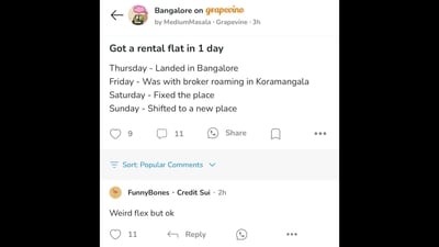 An individual's experience of finding a flat in one day in Bengaluru. (X/@OnTheGrapevine) An individual's experience of finding a flat in one day in Bengaluru. (X/@OnTheGrapevine)