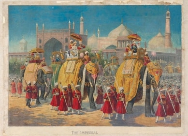 This chromolithograph, on paper, displayed at the exhibition shows British India's viceroy, Lord Curzon with his wife, Mary seated on an elephant.