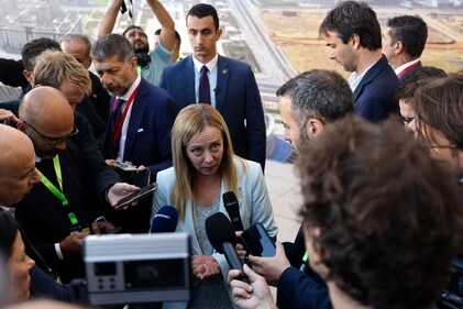 Italy's Prime Minister Giorgia Meloni speaks to the press after attending the International Peace Summit in Cairo on October 21. (AFP) Italy's Prime Minister Giorgia Meloni speaks to the press after attending the International Peace Summit in Cairo on October 21. (AFP)