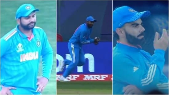 Rohit Sharma (L) and Virat Kohli (R) react as Jasprit Bumrah drops Daryl Mitchell (Hotstar)