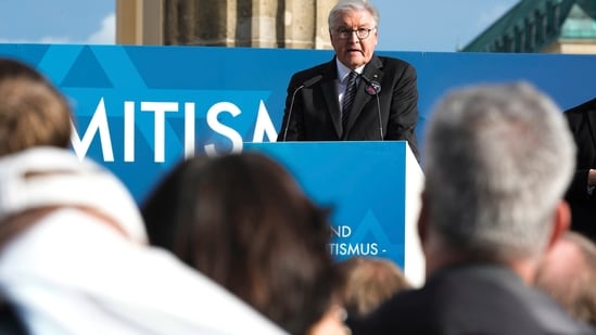 German President Frank-Walter Steinmeier speaks during a demonstration against antisemitism and to show solidarity with Israel in Berlin, Germany. (AP)