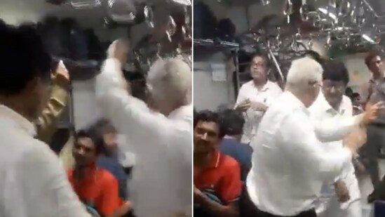 The image shows people performing Garba inside a local train. (X/@mumbaiheritage)