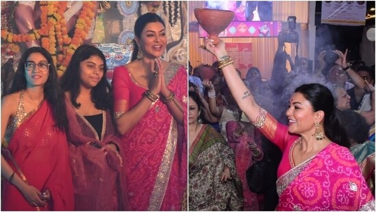 Sushmita Sen visits pandal to celebrate Durga Puja Maha Saptami with Renee and Alisah. (HT Photo/Varinder Chawla)