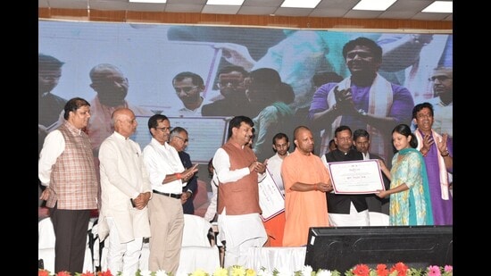 Uttar Pradesh chief minister Yogi Adityanath at an event at Madan Mohan Malaviya University of Technology in Gorakhpur. (HT photo)