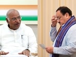Congress president Mallikarjun Kharge (L). BJP president JP Nadda (R).
