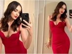 Manushi Chhillar strikes a pose in a red bodycon gown she wore during her Jaipur visit. 