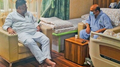 Karnataka DCM DK Shivakumar met former CM and BJP leader Basavaraj S Bommai who underwent a heart surgery. (ANI Photo) (DK Shivakumar twitter) Karnataka DCM DK Shivakumar met former CM and BJP leader Basavaraj S Bommai who underwent a heart surgery. (ANI Photo) (DK Shivakumar twitter)