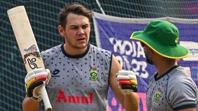 South Africa's Gerald Coetzee (L) speaks during a practice session (AFP) South Africa's Gerald Coetzee (L) speaks during a practice session (AFP)