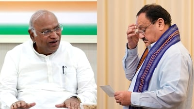 Congress president Mallikarjun Kharge (L). BJP president JP Nadda (R). Congress president Mallikarjun Kharge (L). BJP president JP Nadda (R).