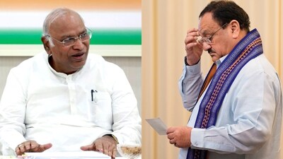 Congress president Mallikarjun Kharge (L). BJP president JP Nadda (R). Congress president Mallikarjun Kharge (L). BJP president JP Nadda (R).