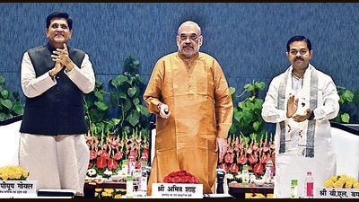 Home minister Amit Shah with Union minister Piyush Goyal and minister of state BL Verma in Delhi on Monday. (ANI)
