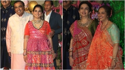 Mukesh Ambani, Isha Ambani, Nita Ambani and Isha's mother-in-law Swati Piramal outside her residence in Mumbai. (Instagram) Mukesh Ambani, Isha Ambani, Nita Ambani and Isha's mother-in-law Swati Piramal outside her residence in Mumbai. (Instagram)