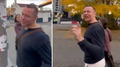 A viral video shows the moment a Brooklyn man smirks after being confronted by a Jewish woman for tearing down posters of abducted Israeli children (@StopAntisemites/X) A viral video shows the moment a Brooklyn man smirks after being confronted by a Jewish woman for tearing down posters of abducted Israeli children (@StopAntisemites/X)