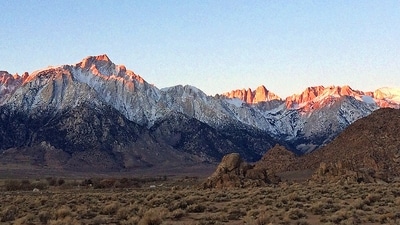 Eastern Sierra Nevada, with Mt. Whitney, the largest of three pinnacles at center, near Lone Pine, Calif., on Dec. 21, 2016. (AP Photo/Brian Melley, File) (AP) Eastern Sierra Nevada, with Mt. Whitney, the largest of three pinnacles at center, near Lone Pine, Calif., on Dec. 21, 2016. (AP Photo/Brian Melley, File) (AP)