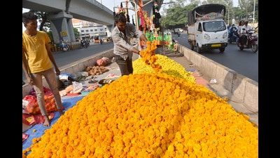 On the occasion of Dussehra, Marigold flowers arrived in the market in large quantities. (HT PHOTO) On the occasion of Dussehra, Marigold flowers arrived in the market in large quantities. (HT PHOTO)