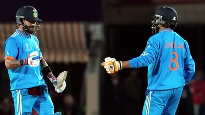 Virat Kohli and Ravindra Jadeja during the ICC Men's World Cup ODI cricket match between India and New Zealand. (PTI) Virat Kohli and Ravindra Jadeja during the ICC Men's World Cup ODI cricket match between India and New Zealand. (PTI)