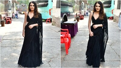Radhika chose minimal accessories to style the lehenga, including rings and dainty earrings. In the end, the actor chose glossy nude lip shade, feathered brows, kohl-lined eyes, dainty bindi, blushed cheeks, mascara on the lashes, and side-parted open wavy locks. (HT Photo/Varinder Chawla) Radhika chose minimal accessories to style the lehenga, including rings and dainty earrings. In the end, the actor chose glossy nude lip shade, feathered brows, kohl-lined eyes, dainty bindi, blushed cheeks, mascara on the lashes, and side-parted open wavy locks. (HT Photo/Varinder Chawla)