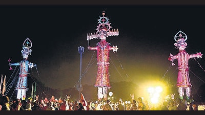 The effigies of Ravana, Meghnad and Kumbhakarna stand tall at Dussehra Ground Sector 46 in Chandigarh on Monday. (Keshav Singh/HT) The effigies of Ravana, Meghnad and Kumbhakarna stand tall at Dussehra Ground Sector 46 in Chandigarh on Monday. (Keshav Singh/HT)