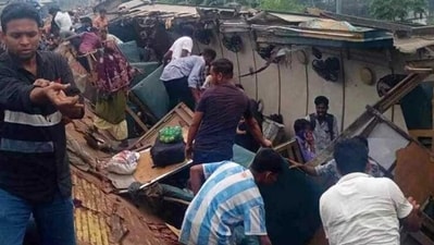 Bangladesh Train Collision: Train damaged after it collided with another train at Bhairab in Kishoreganj. (Dhaka Tribune) Bangladesh Train Collision: Train damaged after it collided with another train at Bhairab in Kishoreganj. (Dhaka Tribune)