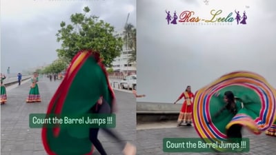 Snapshot of the woman doing barrel jumps, (Instagram/@rasleelagarbaacademy) Snapshot of the woman doing barrel jumps, (Instagram/@rasleelagarbaacademy)