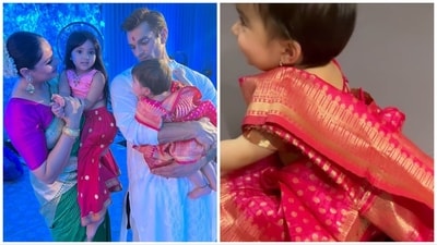 Bipasha Basu and Karan Singh Grover took Devi to a Durga Puja pandal. Bipasha Basu and Karan Singh Grover took Devi to a Durga Puja pandal.