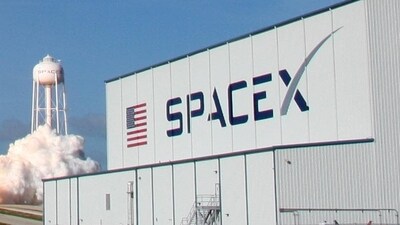 The SpaceX logo at the Kennedy Space Center in Cape Canaveral, Florida, US. (Reuters)