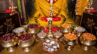 Kumkum, Haldi and Shriphalam (coconut) offerings made to devi, which will then be distributed amongst devotees Kumkum, Haldi and Shriphalam (coconut) offerings made to devi, which will then be distributed amongst devotees